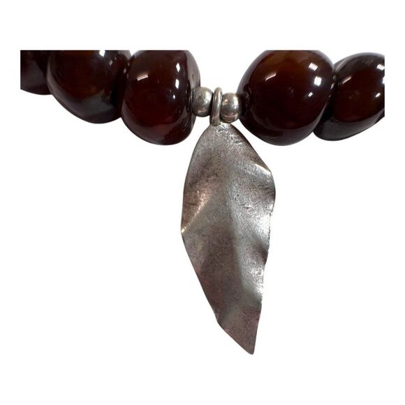Vintage Sterling Lucite Brown Beaded Necklace Silver Leaf Pendant & Hook Clasp - Picture 10 of 10